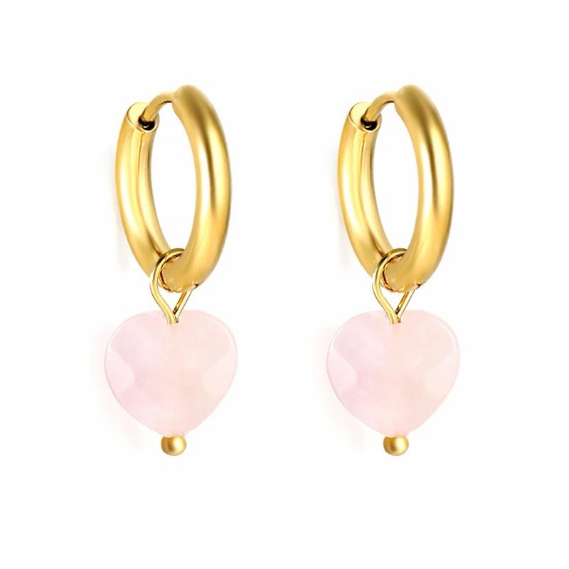 Gold Plated Heart Drop Earrings Stainless Steel Hoop Pink Stone Dangle