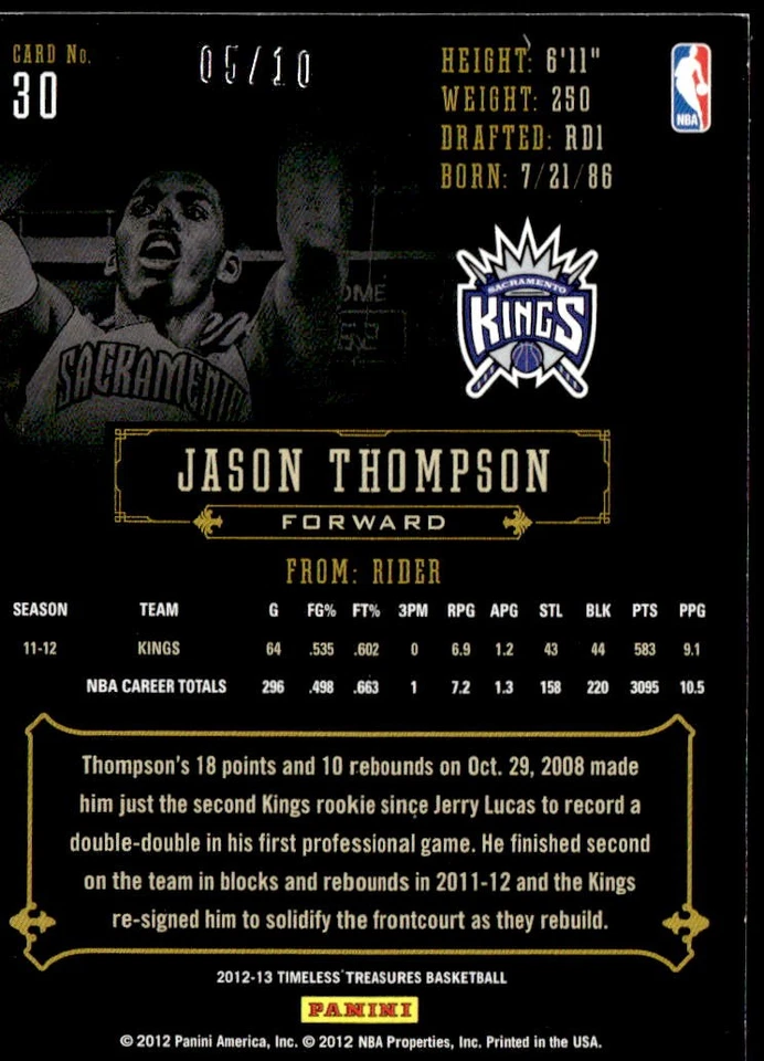 2012-13 Panini Timeless Treasures #30 Jason Thompson Gold #/10 E1 - Image 2 of 2