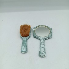 Vintage 1950s Vanity Hand Mirror And Hairbrush Handpainted Pale Green gorgeous