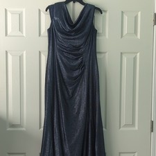 Tahari Arthur S. Levine Navy Metallic Cowl Neck Long Gown, Sleeveless 14