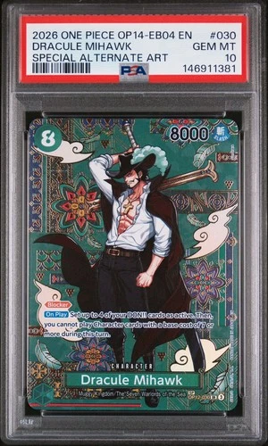 One Piece CCG OP14-EB04 Dracule Mihawk The Azure Sea’s Seven PSA 10 SP OP12-030
