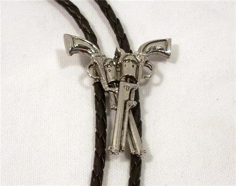 Crossed Guns Revolvers Western Silver Tone Bolo Tie MADE IN USA
