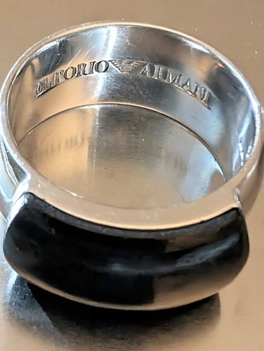 Vintage Emporio Armani Silver Ring Hallmarked Size T  1/2 Black Stone 11.65g