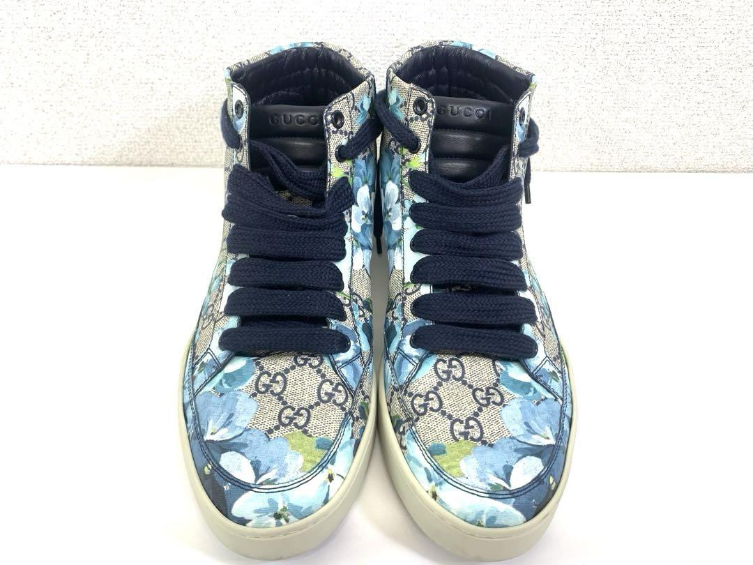 Gucci High-Cut Sneakers Beige x Blue With Floral Monogram Gucci High-Cut Sneakers Beige x Blue With Floral Monogram
