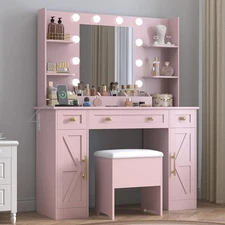 Makeup Vanity Set with Charging Station, Mirror & Lights for Bedroom