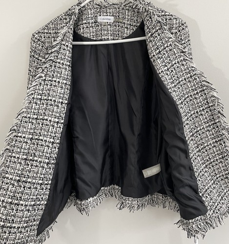 NEU Calvin Klein Blazer Jacke Damen 16W Tweed offen Fransen Karriere schwarz weiß - Bild 7 von 11