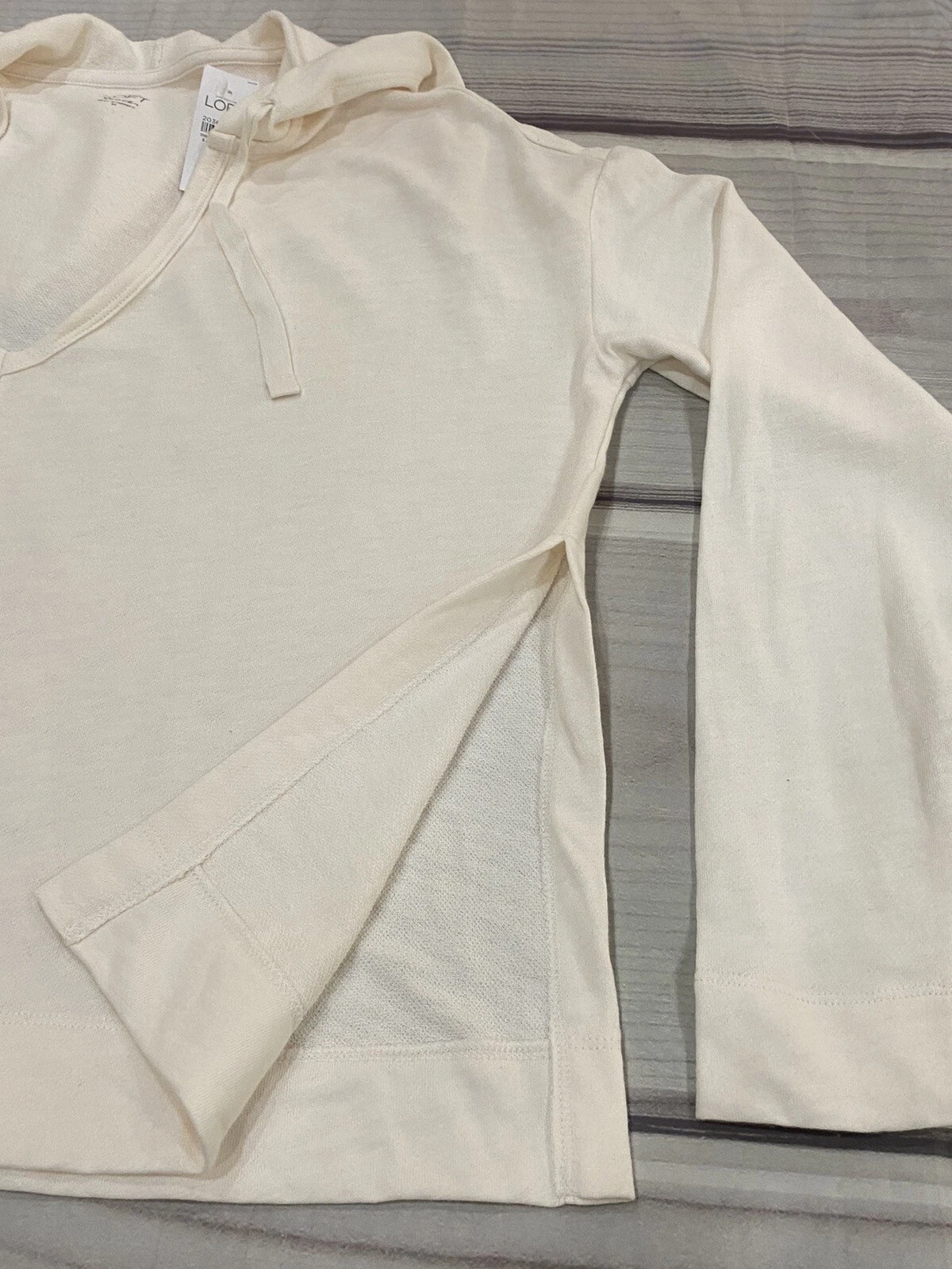 OFF WHITE Felpa con cappuccio da spiaggia LOFT taglia media tagliata fessure laterali crema surf maglione oversize