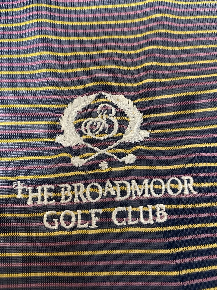 Under Armour Navy/Purple/Yellow Striped Polo Men’s Size L - Broadmoor Golf Club - Image 2 of 4