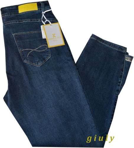 Pantalone donna Emanuela Costa Jeans blu stretch vita alta capri corto  strass | eBay