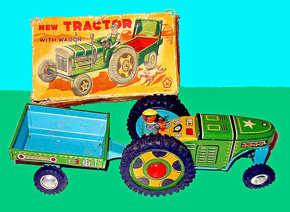 TRACTOR with Wagon K Japon 1950s tracteur miniature tôle ancienne