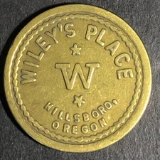 Wiley's Place Hillsboro Oregon G/F 5c Brass Trade Token - "W"  22mm