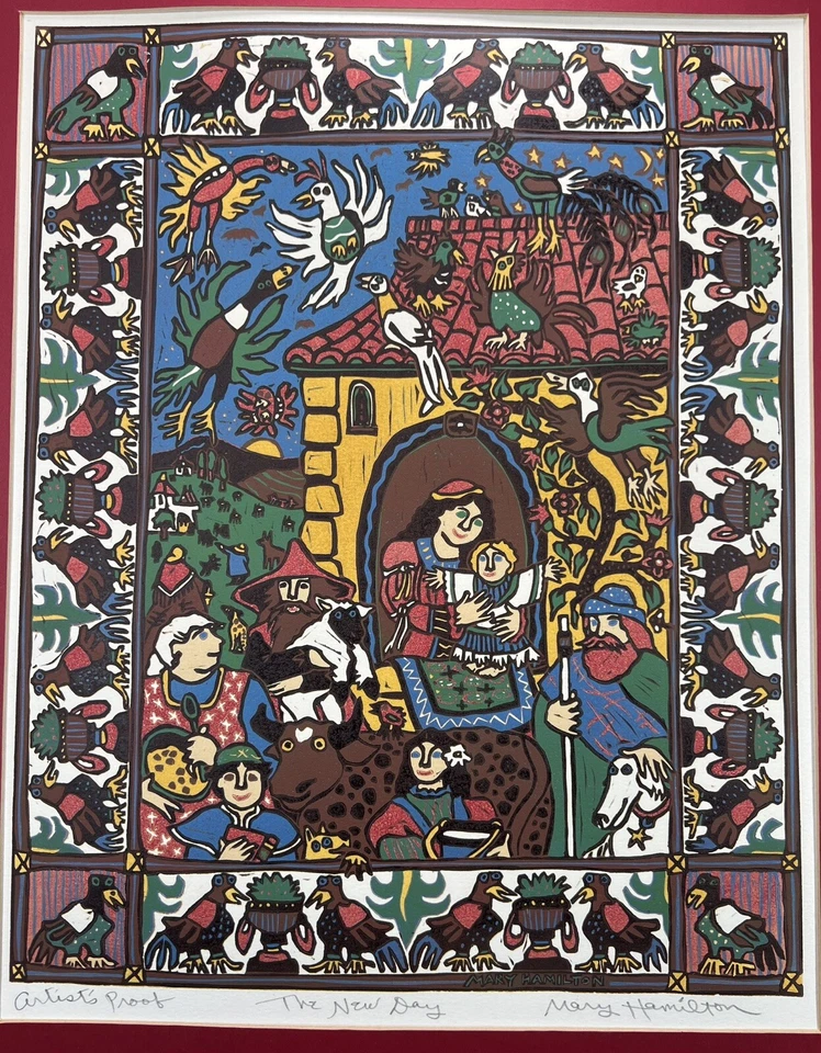 Mary Hamilton Linocut Print The New Day 20x16” Birds People Farm Animals Signed - Image 2 of 4