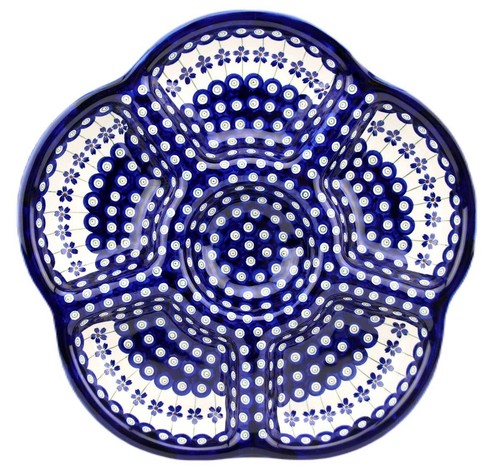 Polish Pottery 6-Compartment Round Appetizer Tray – 14" Diameter – Boleslawiec - Picture 2 of 4