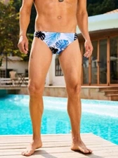 New Men's Sexy Blue Palm Leaf Low Rise Swim Bikini -Gay Interest