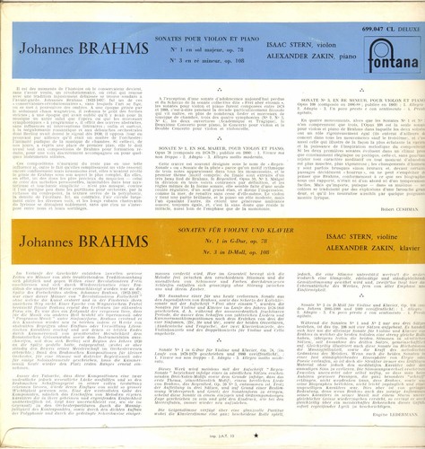 ISAAC STERN / ALEXANDER ZAKIN, BRAHMS SONATES 1 & 3 LP 1963 FONTANA 699.047 CL - Picture 2 of 3