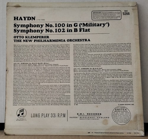 COLUMBIA SAX 5266 UK ED 1 HAYDN SYMPHONY NO. 100 & 102 KLEMPERER NPO LP - Picture 2 of 3
