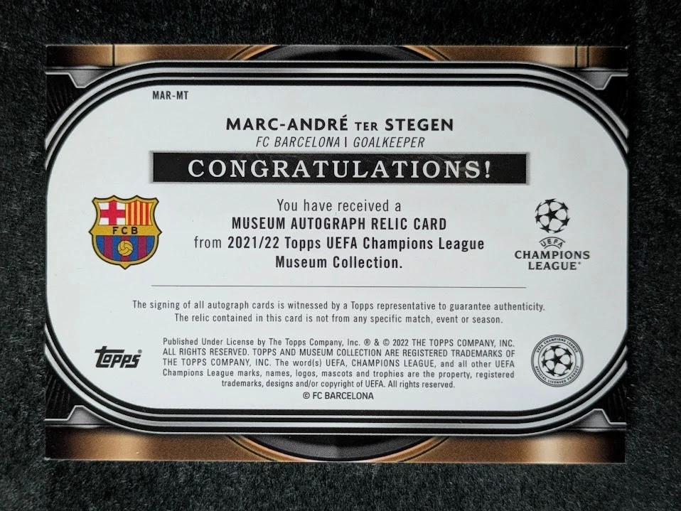 2021-22 Topps UEFA Museum Coll. MARC ANDRE TER STEGEN 19/25 Patch Auto Ruby SP - Image 2 of 3