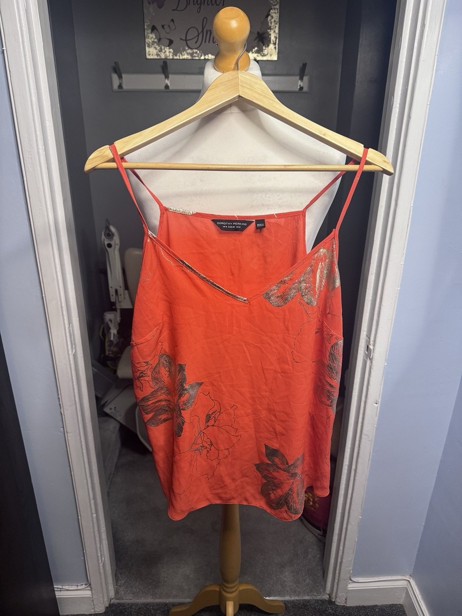 Dorothy Perkins Cami Top Orange Floral Metallic Trim 12 Spaghetti Strap Summer