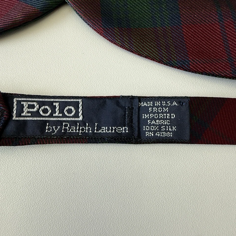 De Colección Polo Ralph Lauren Pajarita Ajustable Rojo Patrón A Cuadros Seda Hecha en EE. UU. Foto 2 de 2