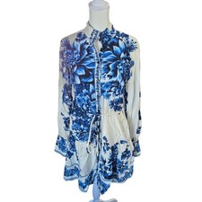 H&M Blue Floral Long Sleeve Dress Women Small Tie Waist Button Front