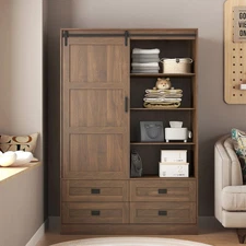 Tall Armoire Wardrobe: Barn Door, Drawers, Shelves, Hanging Rod