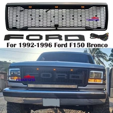 Front Grille for 1992-1996 Ford F150 Bronco Grill w/LED Light Letter Matte Black