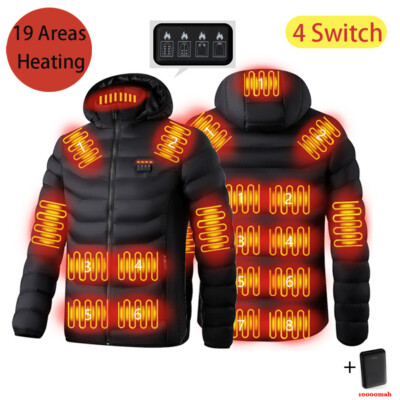 Herren Damen 19 Zone USB Beheizte Heizjacke Winter Warm Hoodie Mantel + Batterie