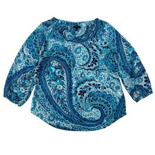 Talbots Blue Floral Paisley 3/4 Sleeve Split V-Neck Blouse XS Chiffon Polyester