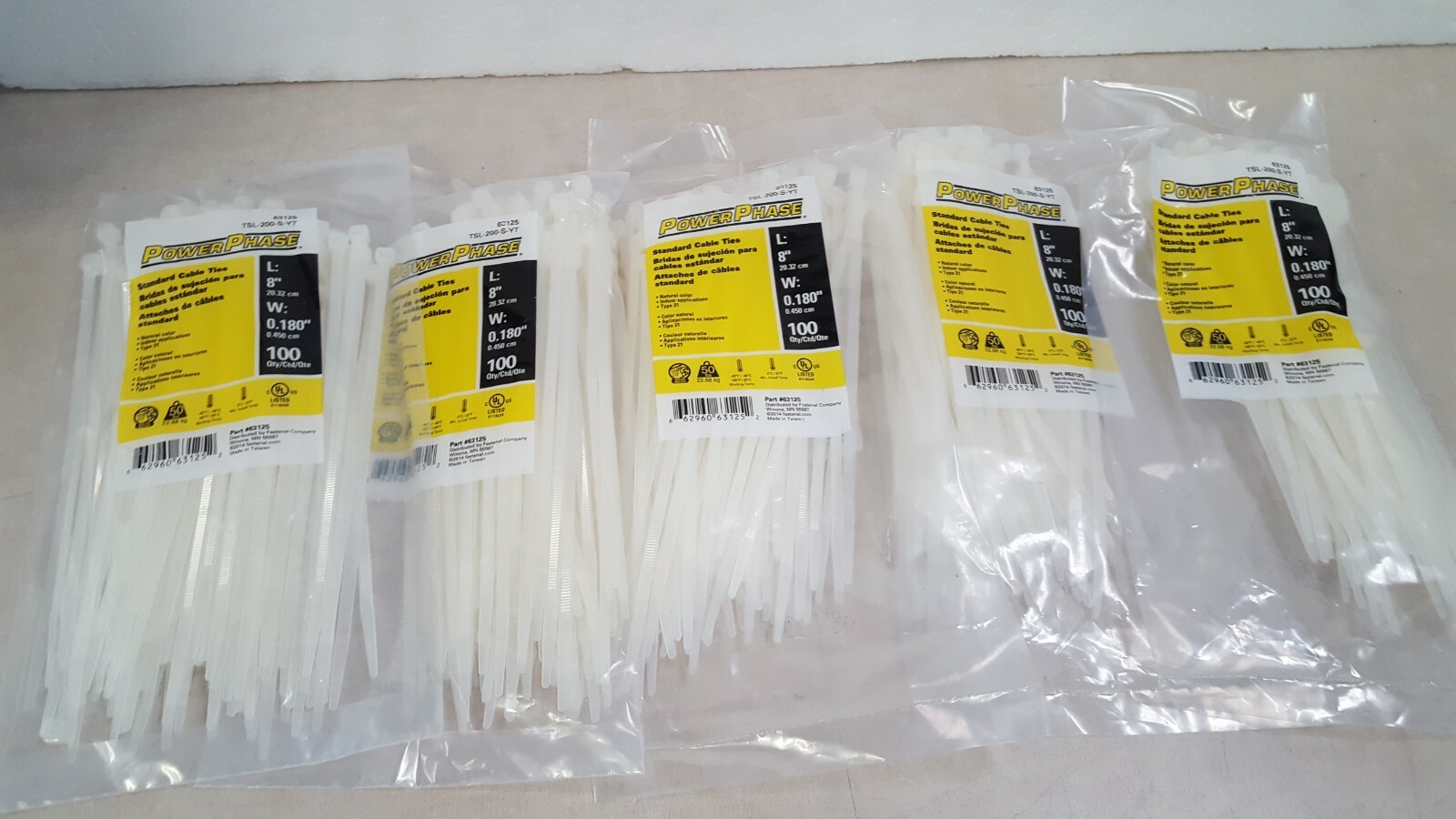 Lot of 5 PowerPhase TSL200SYT Cable Ties 8" Zip Ties (100/Pack) eBay