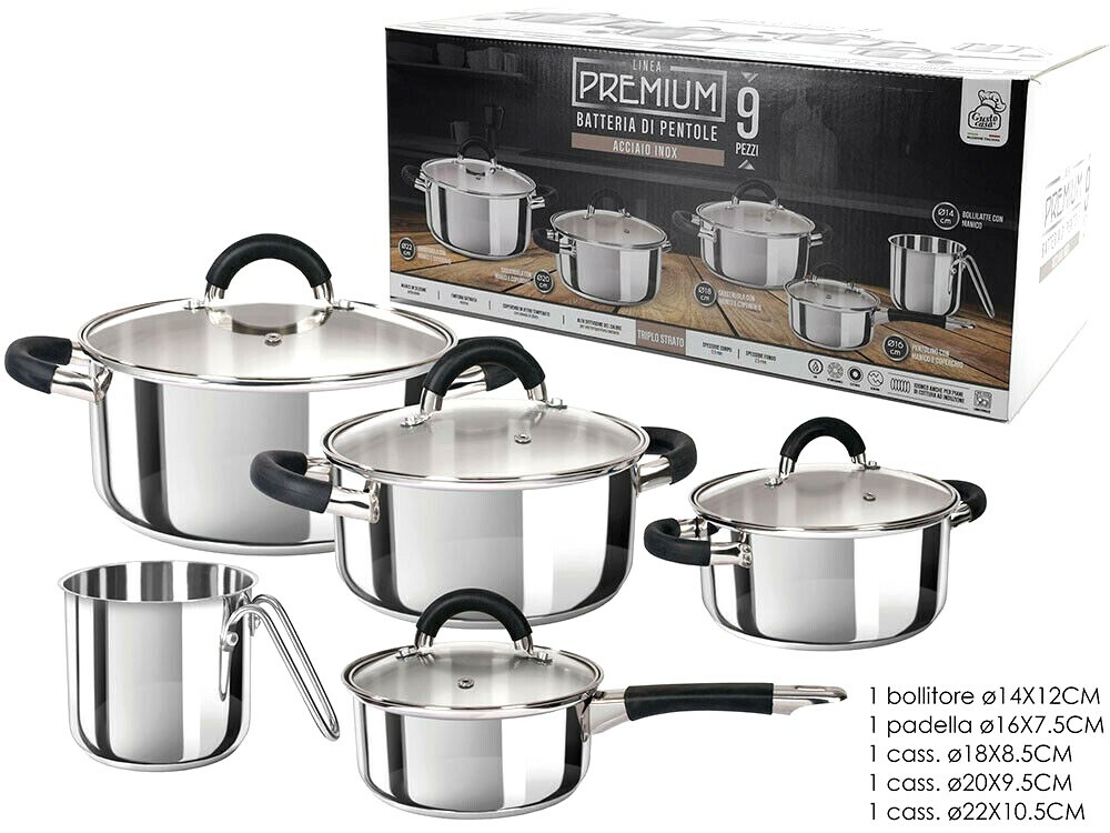 Batteria di pentole PREMIUM in acciaio ad induzione 9 PZ con coperchi...