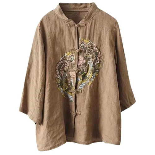 Chinese style cotton linen shirt embroidered top women's stand up collar party- - Bild 11 von 22