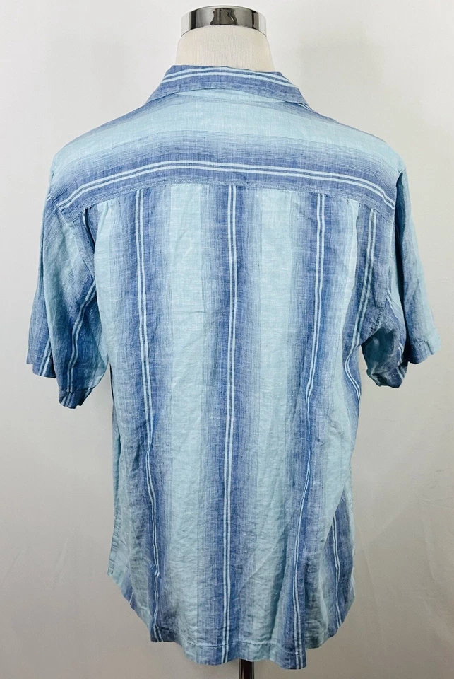 Tommy Bahama 100% Linen Large Original Fit Hawaiian Aloha Shirt Striped Blue - Image 4 of 4