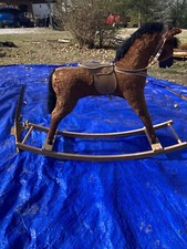 Antique Wooden Rocking Horse Made From Mohair