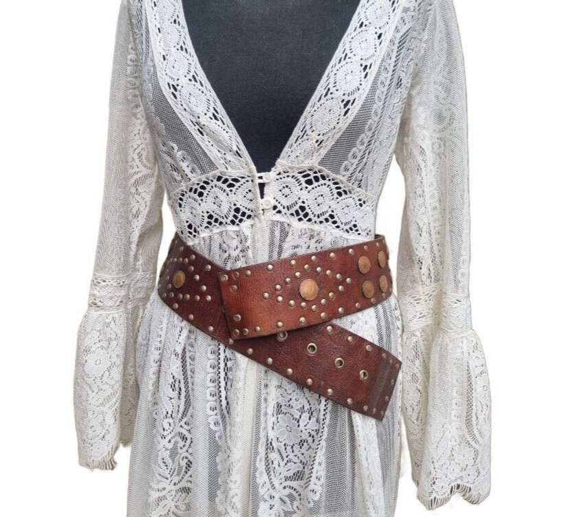 Moroccan Vintage WIDE LEATHER BELT Gypsy Coins Obi Western Waist