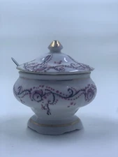 Tiny china Covered Sugar dish With Spoon, Sauce Or Jelly Dish Marked Japan.