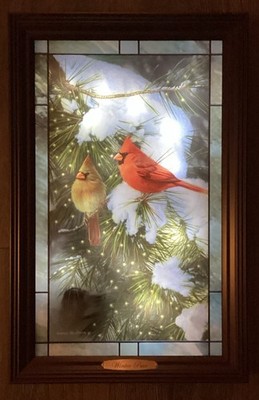 Bradford Exchange Christmas  Winter Pair  Illuminated Stained Glass Picture
