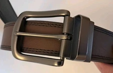 Leather Belt Sz 36-37 Brown Reversible Black Leather Nickel Buckle Bold Stiching