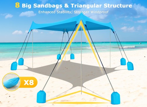 Beach Tent Sun Shelter with 8 Sandbags, UPF50+ Protection & Windproof Pop Up ... - Picture 2 of 7