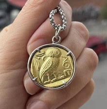 Womens Mens Vintage Copper Ancient Greek Owl Bird Athena Coin Pendant Necklace