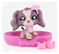 1PCS Mini Pet Shop LPS Pet Toy Cocker Spaniel#672 With Bed Shoes Kid Cute Gift
