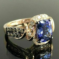 3Ct Cushion Cut VVS1 Lab-Created Diamond Blue Tanzanite Ring 14k Yellow Gold FN