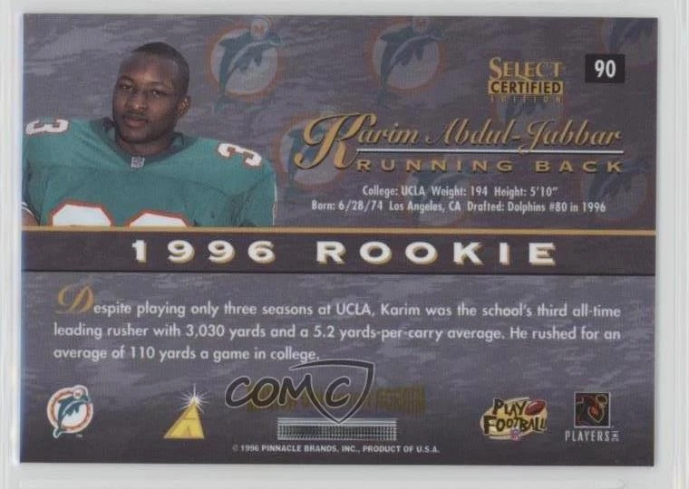 1996 Select Certified Edition Mirror Gold Karim Abdul-Jabbar #90 Rookie RC - Image 2 of 2