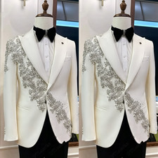 Ivory Luxury Men's Suit with Rhinestone Peak Lapel Wedding Formal Outfits