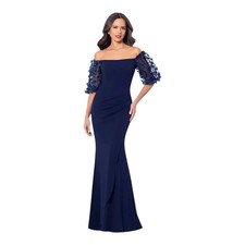 XSCAPE Petite Off Shoulder Floral Puff Sleeve Evening Gown Maxi Navy Blue 6P