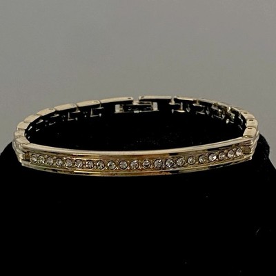 Channel Set Link Bracelet Gold Tone Clear Rhinestones Curved Center Center Bar