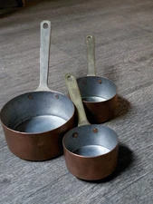 Vintage French Copper Saucepan Tin Lined Brass Handle Heavy Antique Set of 3