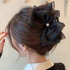 Black Tulle Bow Hair Clip Rhinestones, Large Claw Chiffon Mesh Bowknot Thick