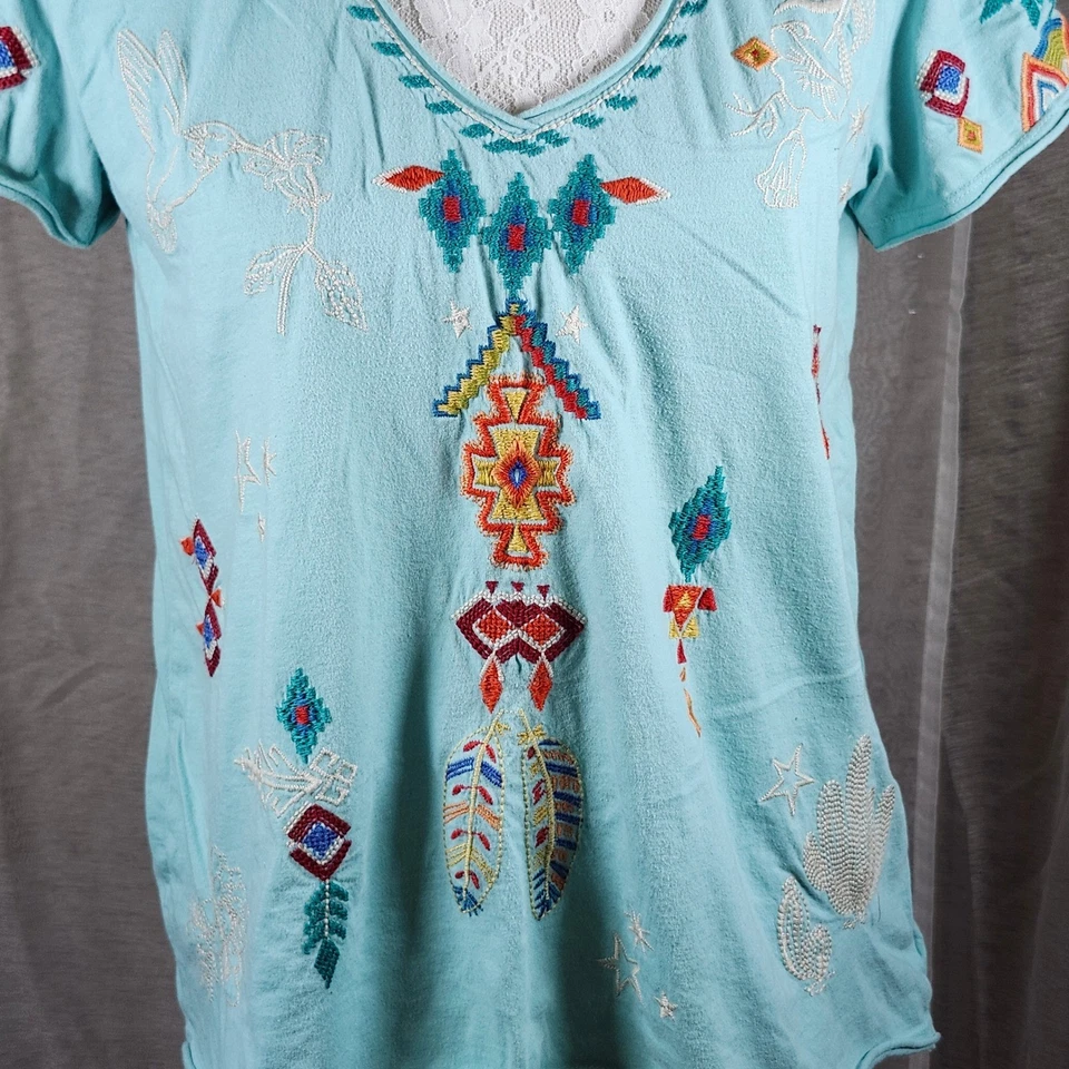 Johnny Was Embroidered Boho Top Blue Short Sleeve V-Neck Tunic Women's Small - Image 2 of 4