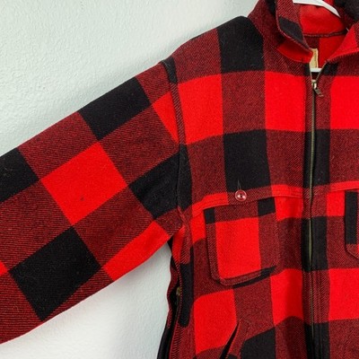 60〜70s vintage wool collarless jacket Vintage 60s 70s LL Bean Mackinaw Red Black Plaid Wool Jacket Mens