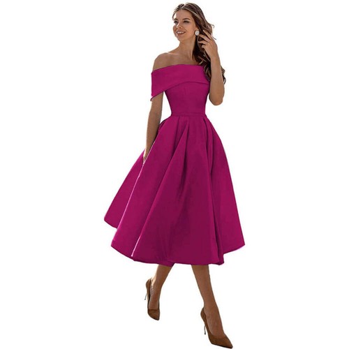 Women's Fashion Casual Strapless Satin Party Dress Off The Shoulder Tea Length S - Picture 83 of 106